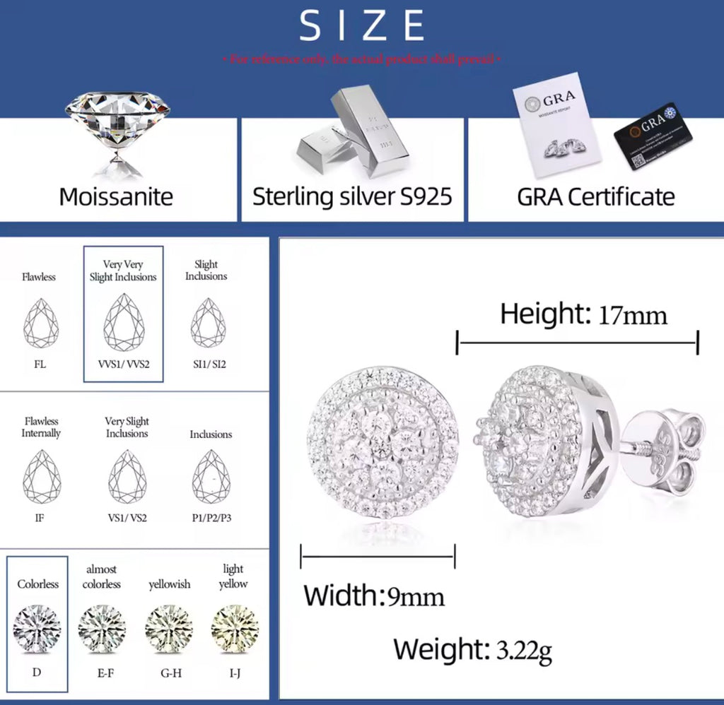 925 Sterling Silver Sparkling Round Moissanite Stud Earrings GRA Certified