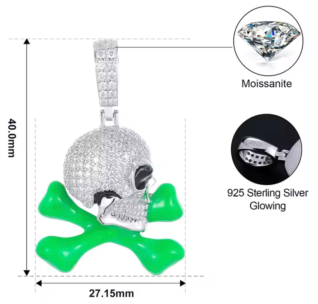 S925 D VVS Moissanite  Skull Necklace Pendant Glows in Dark.