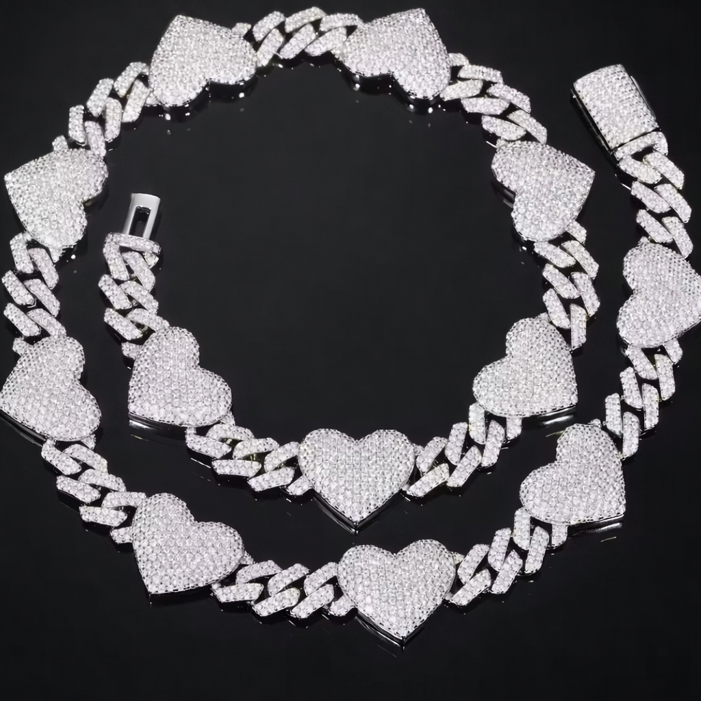 Unisex Iced Out Full Moissanite Heart Cuban Chain 925 Sterling Silver 18 in